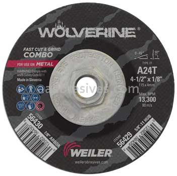 Weiler 56429 4-1/2" x 1/8" Wolverine Type 27 Cut/Grind Combo Wheel A24T 5/8"-11 Nut