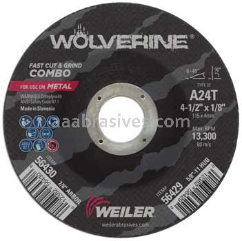 Weiler 56430 4-1/2" x 1/8" Wolverine Type 27 Cut/Grind Combo Wheel A24T 7/8" AH