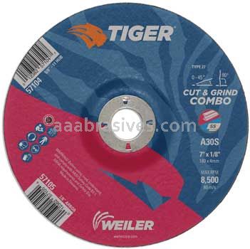 Weiler 57105 7" x 1/8" TIGER AO Type 27 Cut/Grind Combo Wheel A30S 7/8" AH