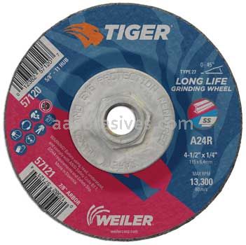 Weiler 57120 4-1/2" x 1/4" TIGER AO Type 27 Grinding Wheel A24R 5/8"-11 Nut