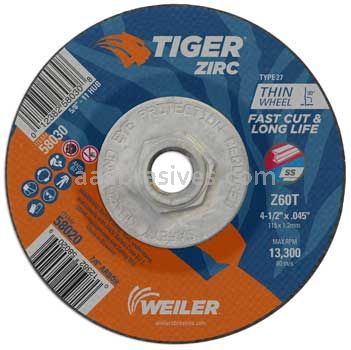 Weiler 58030 4-1/2 x .045 TIGER ZIRC Type 27 Cutting Wheel Z60T 5/8-11 UNC Nut