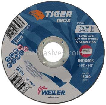 Weiler 58110 4-1/2" x .045" TIGER INOX Type 27 Cutting Wheel INOX60S 7/8" AH
