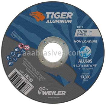 Weiler 58200 4-1/2" x .045" TIGER ALUMINUM Type 1 Cut-Off Wheel ALU60S 7/8 AH