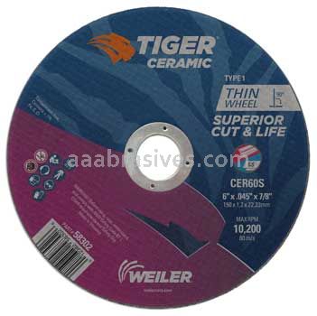 Weiler 58302 6" x .045" TIGER CERAMIC Type 1 Cut-Off Wheel CER60S 7/8 AH