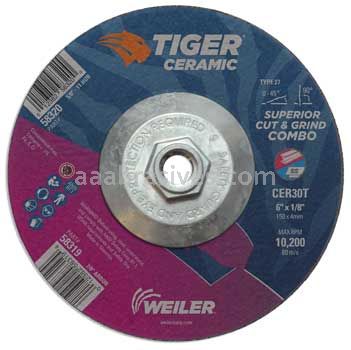 Weiler 58320 6 x 1/8 TIGER CERAMIC Type 27 Cut/Grind Combo Wheel CER30T 5/8-11 Nut