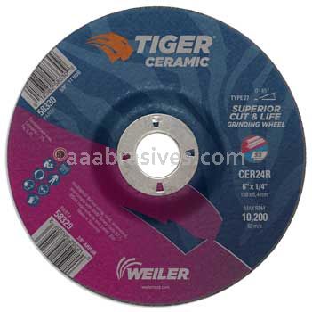 Weiler 58329 6" x 1/4" TIGER CERAMIC Type 27 Grinding Wheel CER24R 7/8 AH