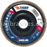 Weiler 50118 4-1/2" Tiger Ceramic Abrasive Flap Disc Angled Type 29 Trimmable Backing 60C 7/8" Arbor Hole