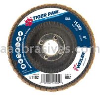 Weiler 51102 4" Tiger Paw Abrasive Flap Disc Flat Type 27 Phenolic Backing 60 Z 5/8" Arbor Hole