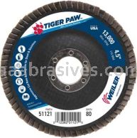 Weiler 51121 4-1/2" Tiger Paw Abrasive Flap Disc Angled Type 29 Phenolic Backing 80 Z 7/8" Arbor Hole