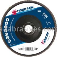 Weiler 51137 7" Tiger Paw Abrasive Flap Disc Flat Type 27 Phenolic Backing 40 Z 7/8" Arbor Hole