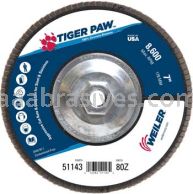 Weiler 51143 7" Tiger Paw Abrasive Flap Disc Flat Type 27 Phenolic Backing 80 Z 5/8"-11 UNC Nut