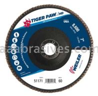 Weiler 51171 7" Tiger Paw Super High Density Flap Disc Flat Type 27 Phenolic Backing 60 Z 7/8" Arbor Hole