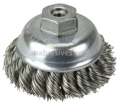Weiler 13160 3-1/2" Single Row Knot Wire Cup Brush .023" Stainless Steel Fill 3/8"-24 UNF Nut