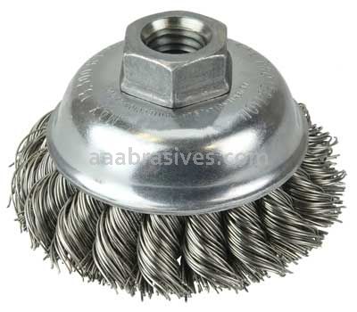Weiler 13163 3-1/2" Single Row Knot Wire Cup Brush .023" Stainless Steel Fill 5/8"-11 UNC Nut