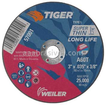 Weiler 57001 3" x .035" TIGER AO Type 1 Cut-Off Wheel A60T 3/8" AH