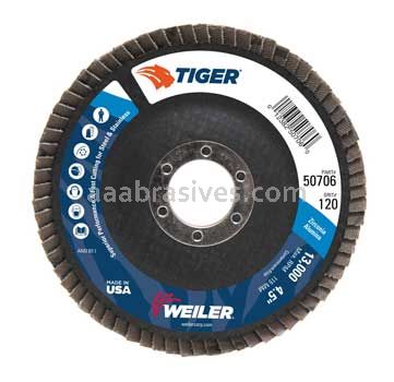Weiler 50706 4-1/2" Tiger Disc Abrasive Flap Disc Flat Type 27 Phenolic Backing 120 Z 7/8" Arbor Hole