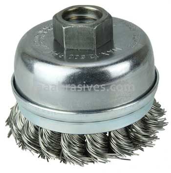 Weiler 13302 2-3/4" Single Row Knot Wire Cup Brush Banded .020" Stainless Steel Fill 5/8"-11 UNC Nut