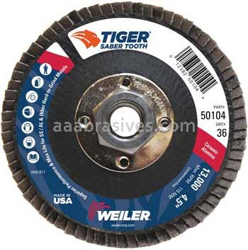 Weiler 50104 4-1/2" Tiger Ceramic Abrasive Flap Disc Conical Type 29 Phenolic Back