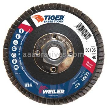 Weiler 50105V 4-1/2" Tiger Ceramic Abrasive Flap Disc Angled Type 29 Pheonlic Back 40C 5/8"-11 UNC Nut Vending