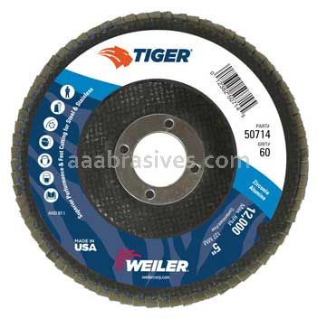 Weiler 50714 5" Tiger Disc Abrasive Flap Disc Flat Type 27 Phenolic Backing 60 Z 7/8" Arbor Hole