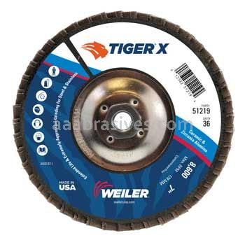 Weiler 51219 7" Tiger X Flap Disc Conical Type 29 Phenolic Backing 36 Z 5/8-11" Arbor Hole