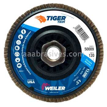 Weiler 50009 4-1/2" Tiger Trim Abrasive Flap Disc Conical Type 29 Trimmable Backing 120 Z 5/8"-11 UNC Nut