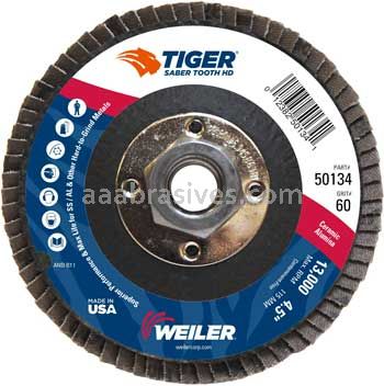 Weiler 50134 4-1/2 Tiger Ceramic High Density Type 27 Abrasive 60C 5/8"-11 UNC Nut