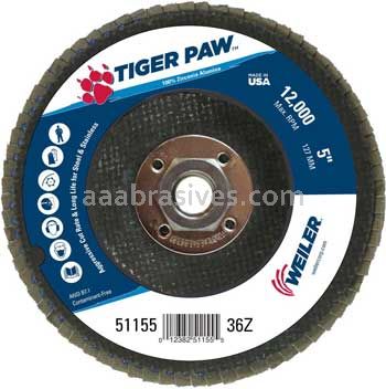 Weiler 51155 5" Tiger Paw Abrasive Flap Disc Flat Type 27 Phenolic Backing 36 Z 5/8"-11 UNC Nut