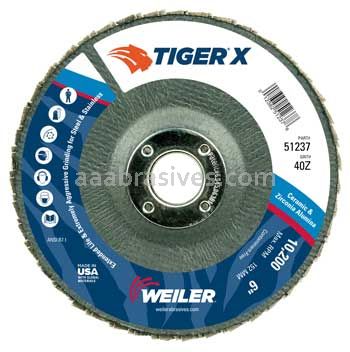 Weiler 51237 6" Tiger X Flap Disc Angled Type 29 Phenolic Backing 40 Z 7/8" Arbor Hole