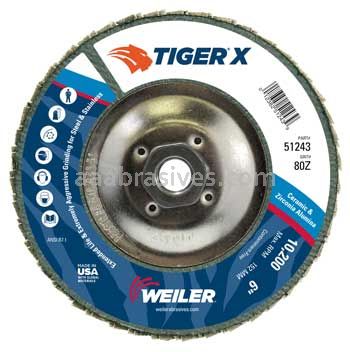 Weiler 51243 6" Tiger X Flap Disc Angled Type 29 Phenolic Backing 80 Z 5/8-11" Arbor Hole