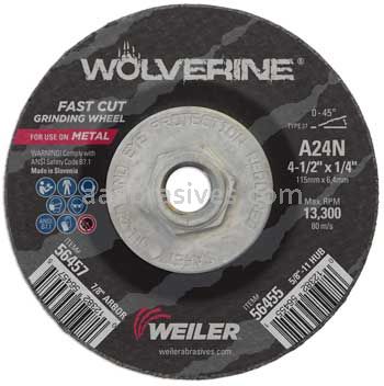 Weiler 56455 4-1/2" x 1/4" Wolverine Type 27 Grinding Wheel A24N 5/8"-11 Nut