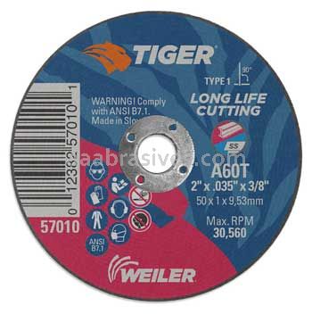 Weiler 57010 2" x .035" TIGER AO Type 1 Cut-Off Wheel A60T 3/8" AH