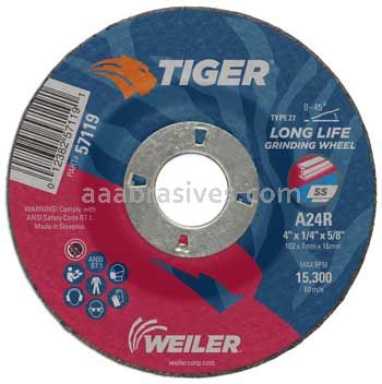Weiler 57119 4" x 1/4" TIGER AO Type 27 Grinding Wheel A24R 5/8 AH