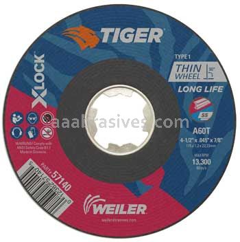 Weiler 57140 4-1/2" x .045" TIGER AO Type 1 Cutting Wheel A60T X-LOCK Arbor Hole