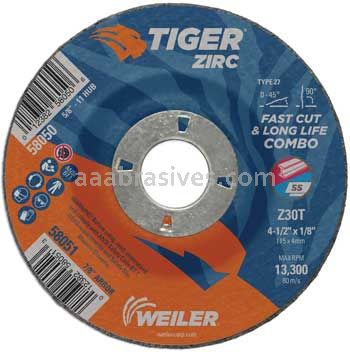 Weiler 58051 4-1/2" x 1/8" TIGER ZIRC Type 27 Cut/Grind Combo Wheel Z30T 7/8" AH