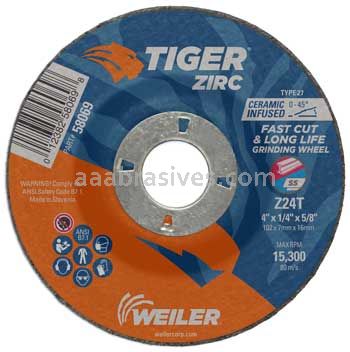Weiler 58069 4" x 1/4" TIGER ZIRC Type 27 Grinding Wheel Z24T 5/8 AH