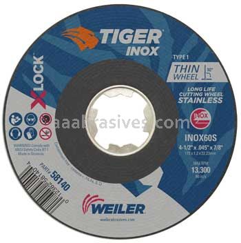 Weiler 58140 4-1/2" x .045" TIGER INOX Type 1 Cutting Wheel INOX60S X-LOCK Arbor Hole
