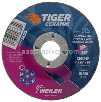 Weiler 58335 4" x 1/4" TIGER CERAMIC Type 27 Grinding Wheel CER24R 5/8 AH