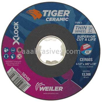 Weiler 58340 4-1/2 x .045 TIGER CERAMIC Type 1 Cutting Wheel CER60S X-LOCK Arbor Hole