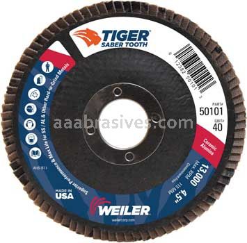 Weiler 50101 4-1/2" Tiger Ceramic Abrasive Flap Disc Conical Type 29 Phenolic Backing 40C 7/8" Arbor Hole