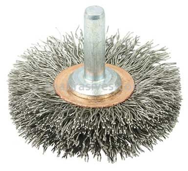 Weiler 17611 2" Narrow Face Stem-Mounted Crimped Wire Wheel .0118" Stainless Steel Fill 1/4" Stem