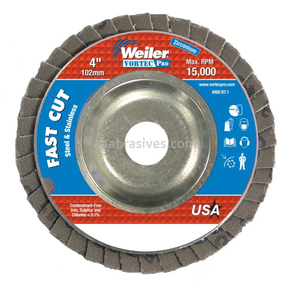 Weiler 31303 - 4" , 60Z, 5/8" A.H., Vortec Pro Abrasive Flap Disc, Angled, Aluminum Backing - 012382313036