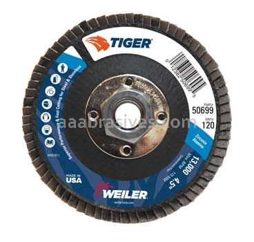 Weiler 50699 4-1/2" Tiger Disc Abrasive Flap Disc Flat Type 27 Phenolic Backing 120 Z 5/8"-11 UNC Nut