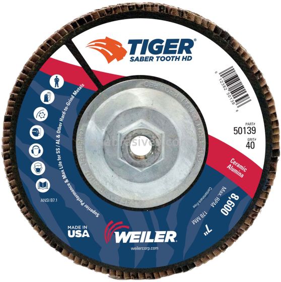 Weiler 50139 - 7" 40 Grit 5/8"-11 A.H. Saber Tooth High Density Ceramic Abrasive Flap Disc - 012382501396