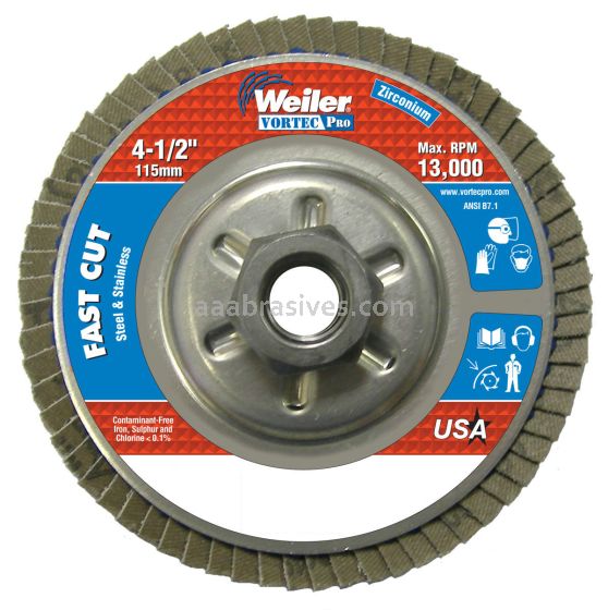 Weiler 31312 - 4-1/2" , 24Z, 5/8"-11 A.H., Vortec Pro Abrasive Flap Disc, Angled, Aluminum Backing - 012382313128