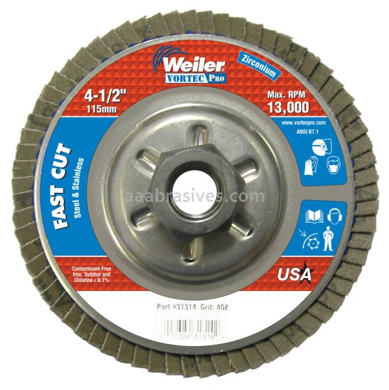 Weiler 31314 - 4-1/2" , 40Z, 5/8"-11 A.H., Vortec Pro Abrasive Flap Disc, Angled, Aluminum Backing - 012382313142