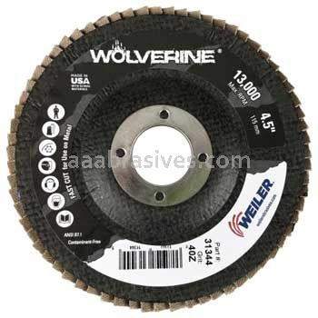 Weiler 31344 - 4-1/2" 40Z 7/8" A.H. Wolverine Abrasive Flap Disc Angled Phenolic Backing - 012382313449