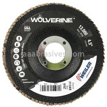 Weiler 31345 - 4-1/2" 60Z 7/8" A.H. Wolverine Abrasive Flap Disc Angled Phenolic Backing - 012382313456