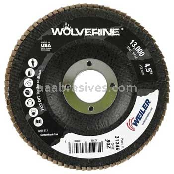 Weiler 31346 - 4-1/2" 80Z 7/8" A.H. Wolverine Abrasive Flap Disc Angled Phenolic Backing - 012382313463