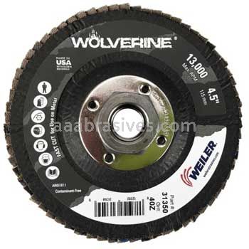 Weiler 31350 - 4-1/2" 40Z 5/8"-11 A.H. Wolverine Abrasive Flap Disc Angled Phenolic Backing - 012382313500